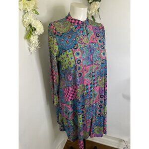 Loll Ease Midi Dress Slinky Patchwork Print Dress Lounging Robe S/M Front Zip GC